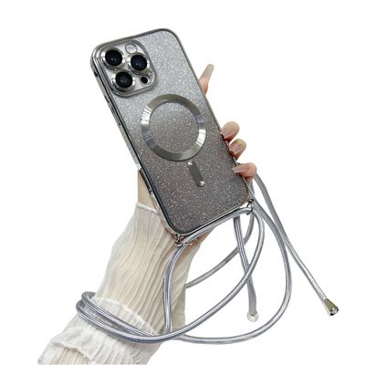 Emlivi Magnetic Phone Necklace Case for iPhone 15 Pro, Transparent Glitter TPU Case with Adjustable Lanyard, Silver