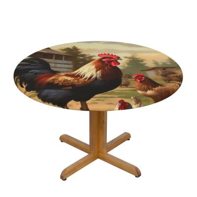 JTKREZ Round Tablecloth with Chicken and Rooster Farmhouse Print, Washable, 122 cm