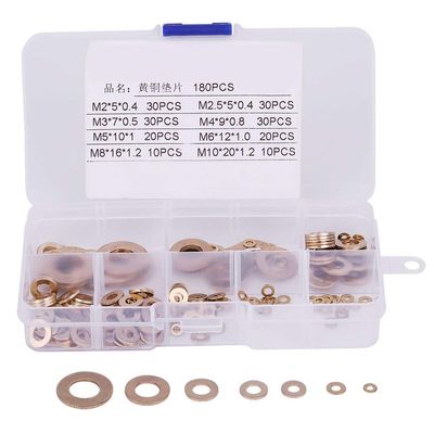 Durable Brass Washer Assortment, 180 Pieces, 8 Sizes
