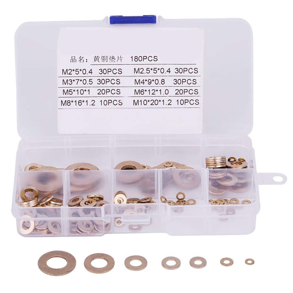 Durable Brass Washer Assortment, 180 Pieces, 8 Sizes