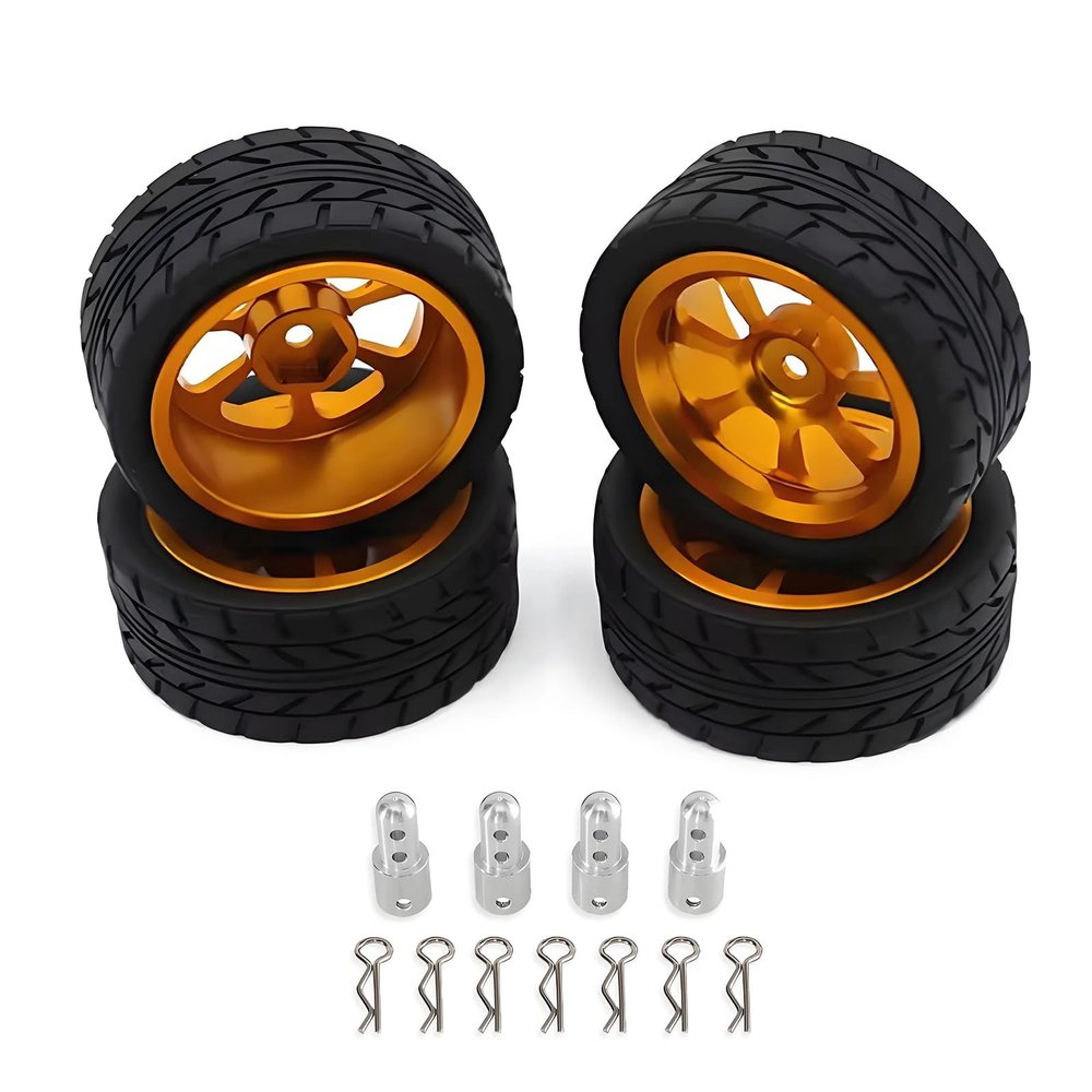 GTFRUQAS RC Replacement Parts for MJX Hyper GO 14303/14302/14301 1/14 Metal Rally Wheels and Tires, CNC High-Strength Wheel Lift Set (Yellow)