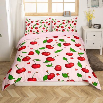 Generic Cherry Bedding Set 155 x 220 cm, Soft Microfiber 3D Fruit Print, Duvet Cover + 2 Pillowcases 80 x 80 cm, Zipper, d5285