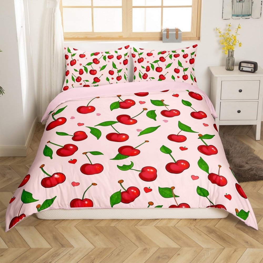Generic Cherry Bedding Set 155 x 220 cm, Soft Microfiber 3D Fruit Print, Duvet Cover + 2 Pillowcases 80 x 80 cm, Zipper, d5285
