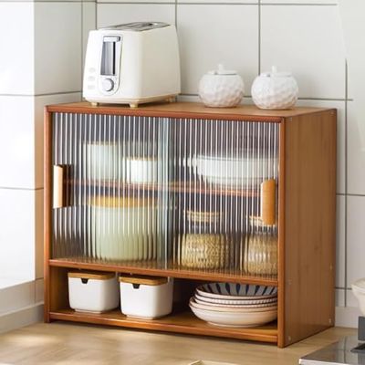 Small Bamboo Sideboard with 3 Tiers and 2 Striped Glass Sliding Doors