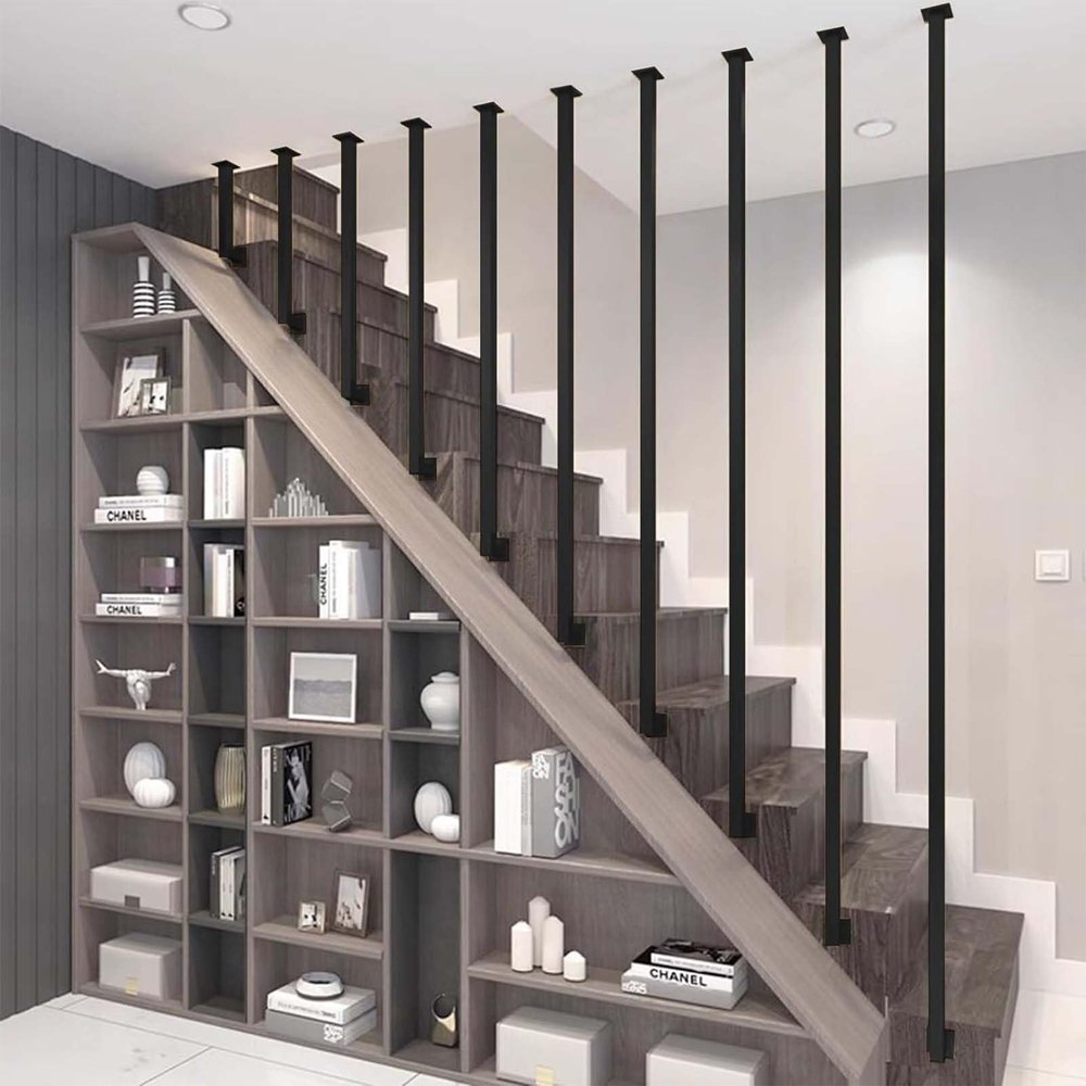 Handrail for Interior Stairs, L-Shaped Wrought-Iron Railing, Black (70 cm)