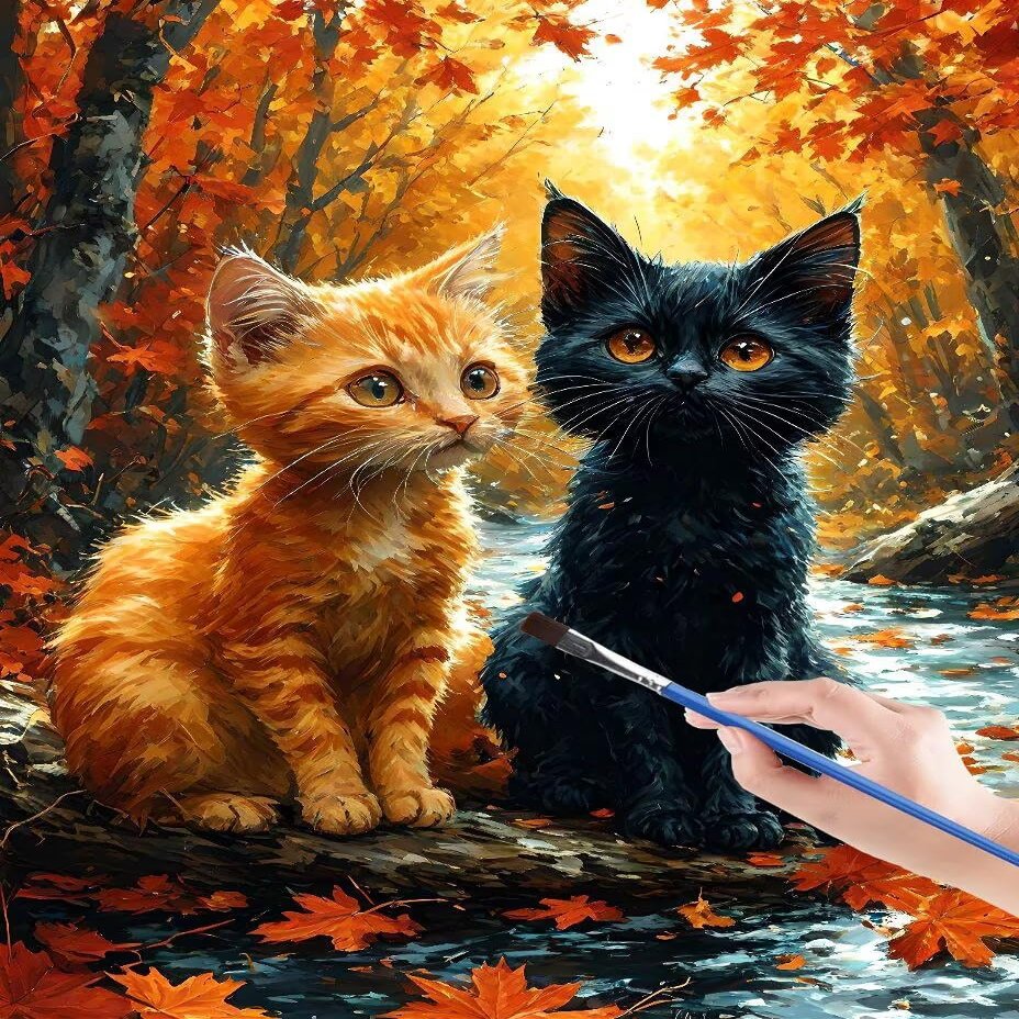 Forest Paint by Numbers for Adults, Cat Design with Wrinkle-Free Canvas, Brushes and Acrylic Paint, DIY Hand-Painted Artwork Kit for Home Decor, Gift, 50 x 65 cm, 5Q-3