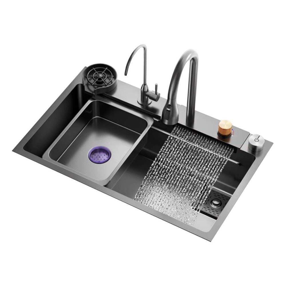 Waterfall Kitchen Sink with Single Bowl, Pull-Down Faucet and Cup Washer, Black, 68 x 45 x 21 cm