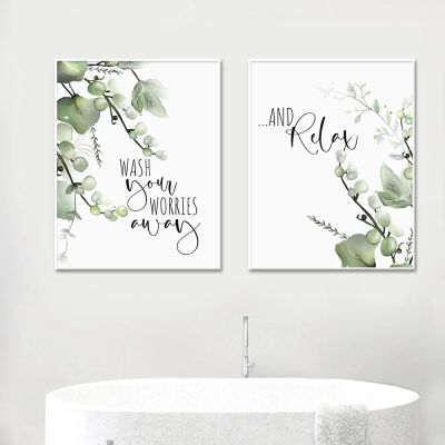 RDRDtbtr Wall Art Posters with Quote “Wash Your Worries Away and Relax,” Nordic Botanical Prints for Bathroom Décor, 50 x 70 cm, Set of 2, Unframed