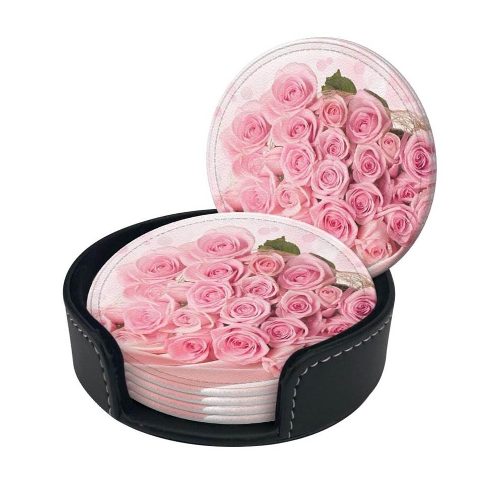 Round Leather Rose Coasters with Holder, Non-Slip, 6-Piece Set