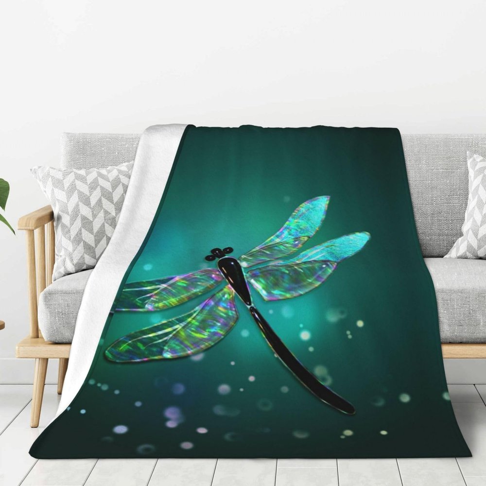 WSHFFILO Galaxy Dragonfly Print Plush Blanket, Four-Season Warm Blanket