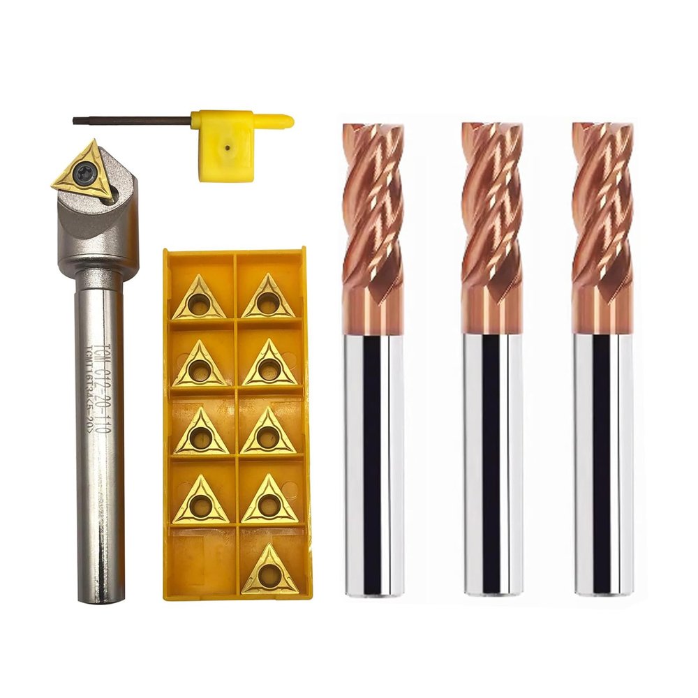 45° Chamfering Tool Bit with 1/2-Inch Shank, 4-Flute HRC55 TiSiN-Coated Carbide End Mill and Inserts