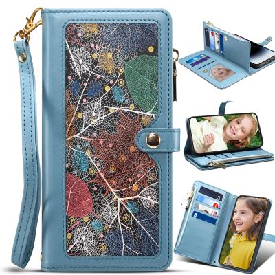 BAILI Zipper Wallet Case for Redmi A3 Pro/Poco C75, Leaf Pattern, Kickstand Cover, Blue