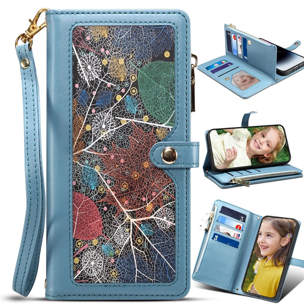 BAILI Zipper Wallet Case for Redmi A3 Pro/Poco C75, Leaf Pattern, Kickstand Cover, Blue