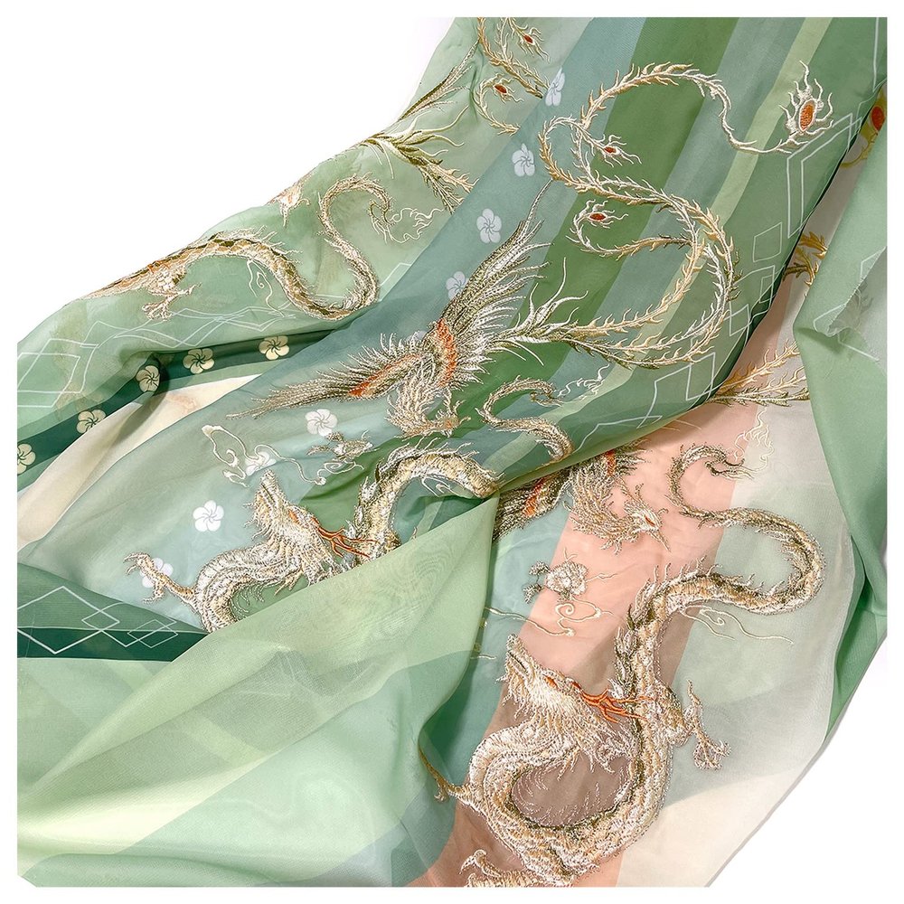 Dragon and Phoenix Printed Chiffon Fabric, Light Green, 1.5 × 1 m