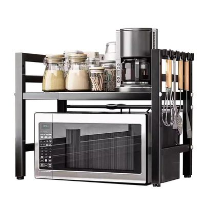 Adjustable 2-Tier Microwave Stand with Expandable Shelf and 6 Hooks, Heavy-Duty Metal Kitchen Rack