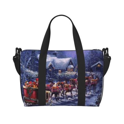 Women's Travel Duffel Bag, Snowy Night Santa and Deer Print, Black, One Size