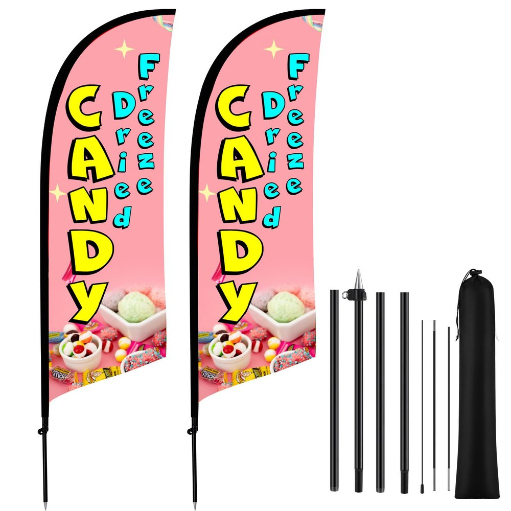 HunnmingRe 2-Piece Freeze-Dried Candy Feather Flag Set, 2.4 m Advertising Swooper Flags with Poles and Ground Spikes
