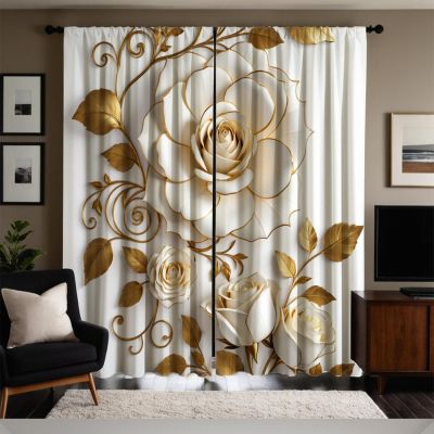 XIANGPEIFBH 2-Piece Glamour Curtains with Gold Roses and Leaves, 140 x 160 cm Each