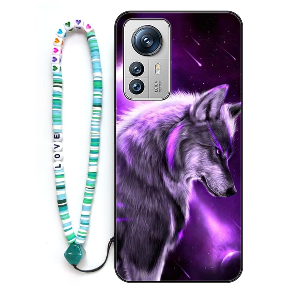 Sinyunron Case Compatible with Xiaomi 12S Pro 5G, Shockproof Scratch-Resistant TPU Phone Case with Wolf Pattern and Colorful Keychain