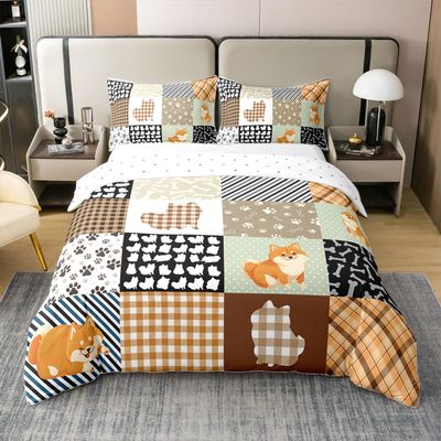 100% Cotton Cartoon Dog Duvet Cover Set 155 x 220 cm, Shiba Inu, Reversible