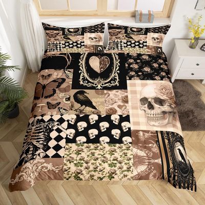 Boho Skeleton Duvet Cover Set, Gray, Gothic Crow Pattern