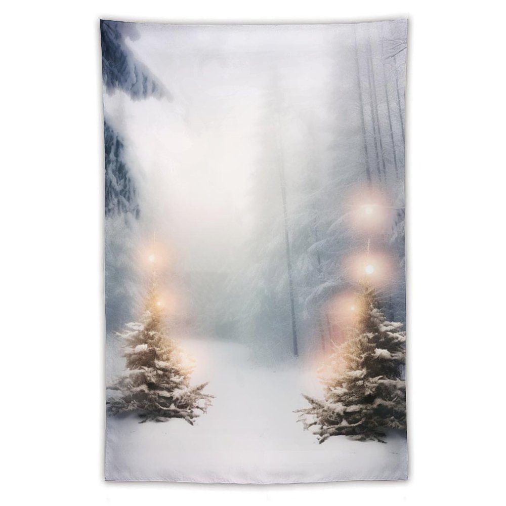 KWQDOZF Winter Christmas Tree and Happy New Year Wall Tapestry, Snowy Forest Fabric Wall Hanging, 101.6 x 152.4 cm