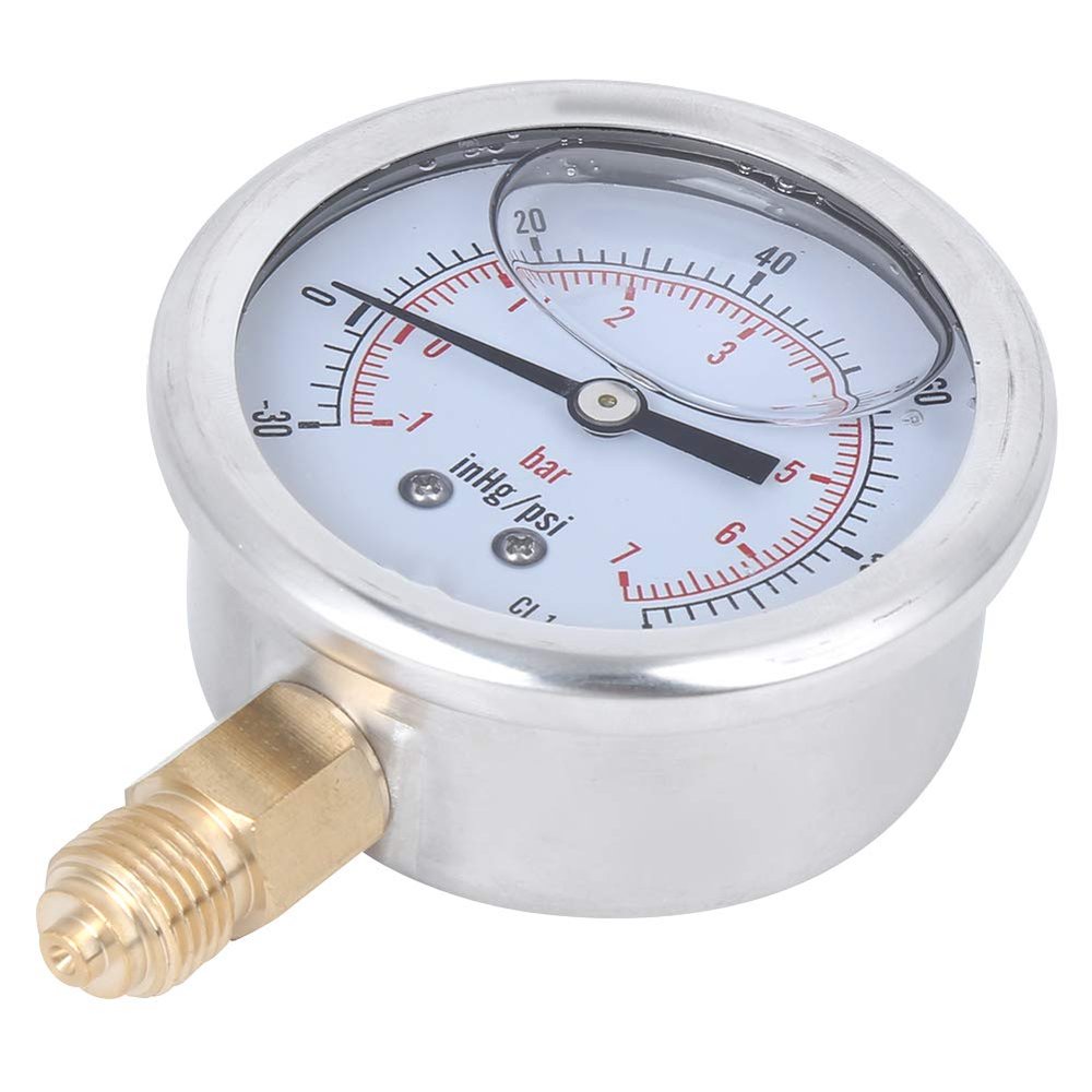 Professional Radial Pressure Gauge, Stainless Steel + Brass, -1–7 bar / -30–100 inHg/psi Range, Easy Installation, for Home and