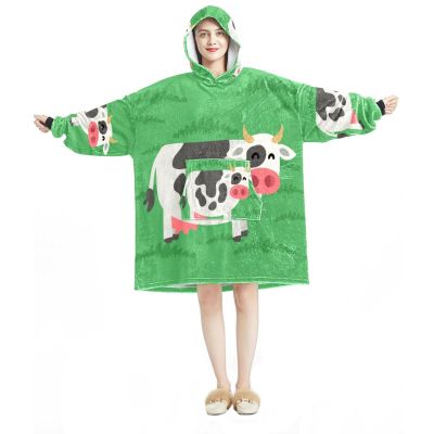 Wearable Blanket Hoodie, Oversized Hooded Sweatshirt, Green Cow