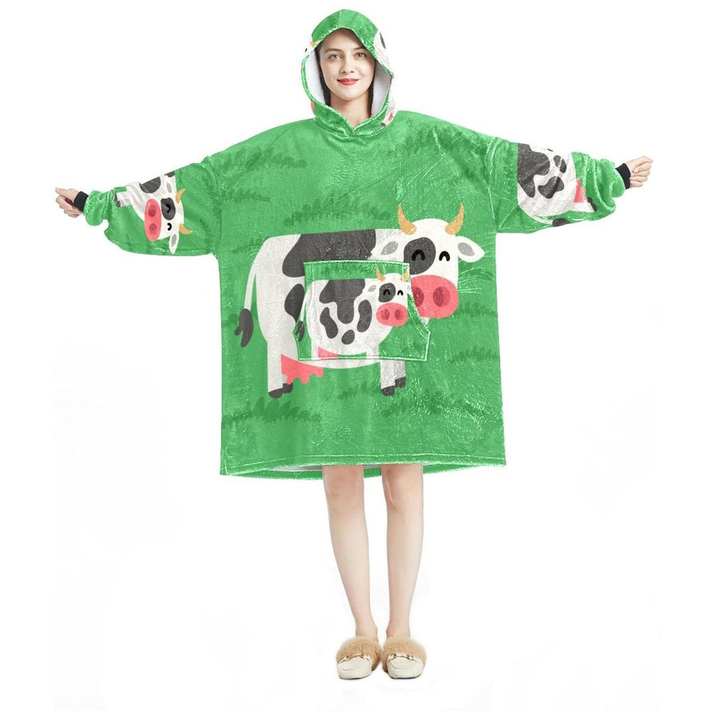 Wearable Blanket Hoodie, Oversized Hooded Sweatshirt, Green Cow