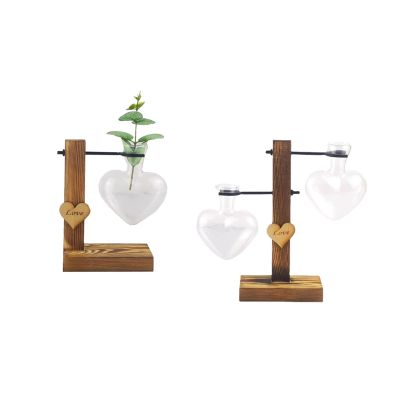 ZZHYTANG Heart-Shaped Hydroponic Vase with Wooden Stand