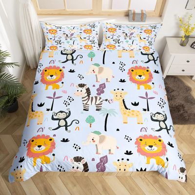 Loussiesd Kids Zoo Animals Duvet Cover Set, Lion & Monkey, Blue, 135 x 200 cm