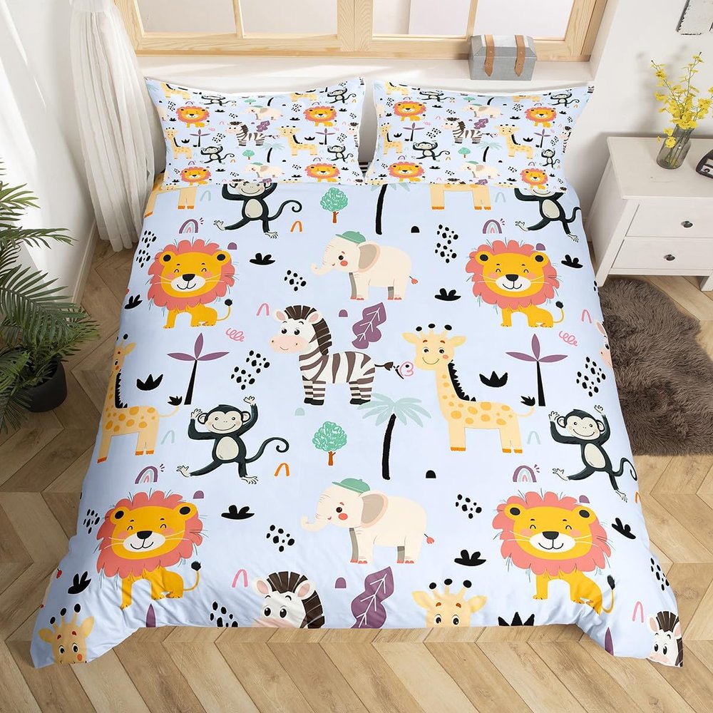 Loussiesd Kids Zoo Animals Duvet Cover Set, Lion & Monkey, Blue, 135 x 200 cm