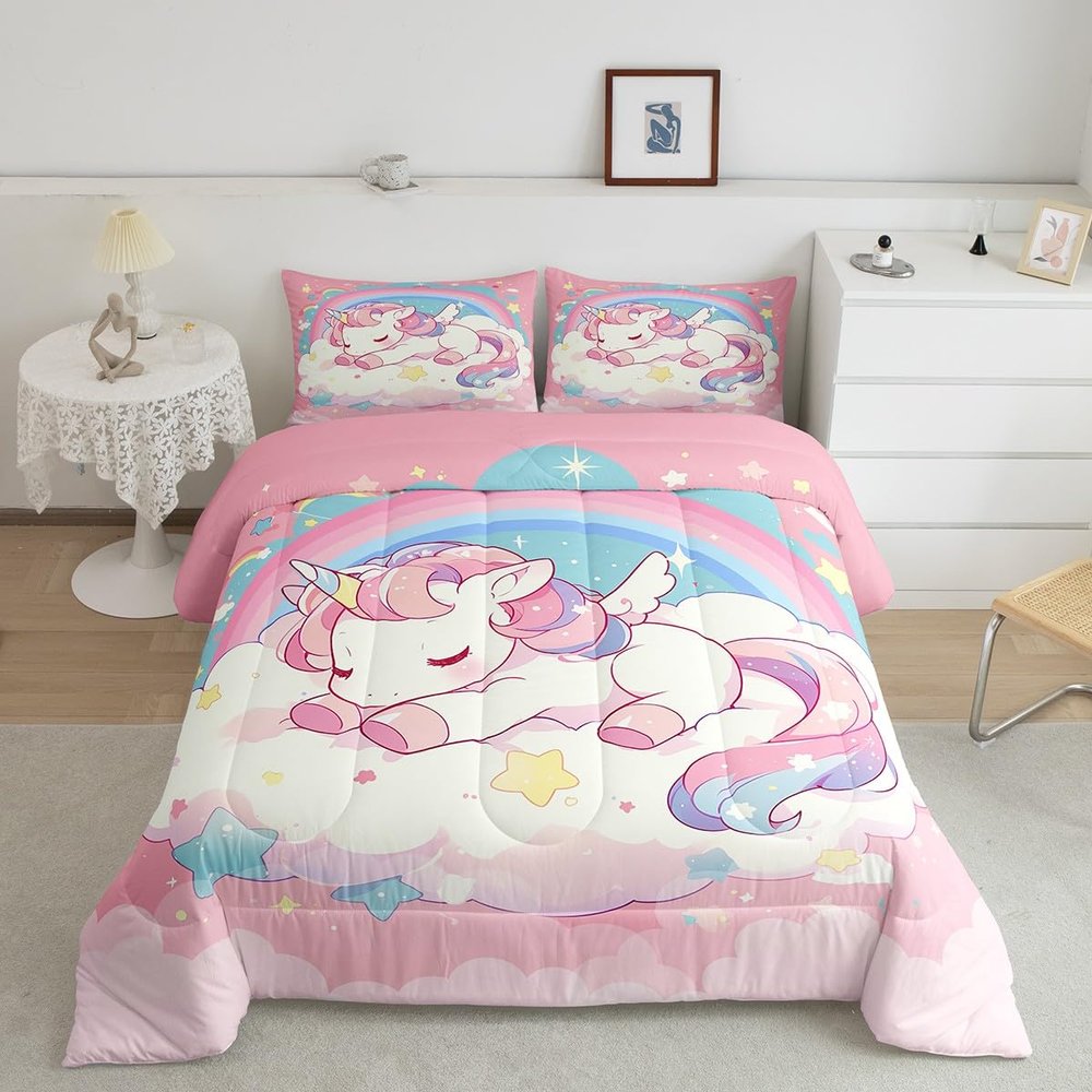 Homemissing Pink Unicorn 4-Season Comforter for Girls, 135 x 200 cm