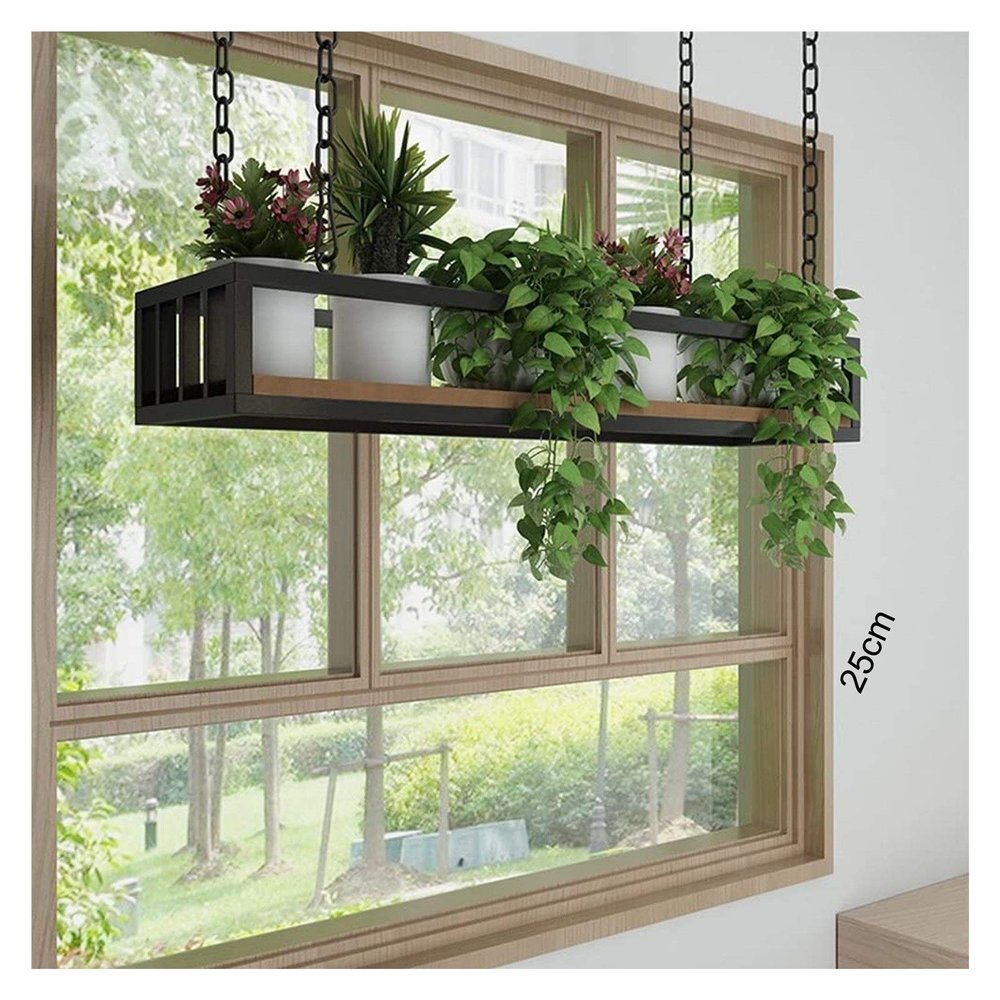 Hanging Ceiling Rack, 120 cm, Kitchen Shelf, Plant Stand, Wood and Metal, Rectangular