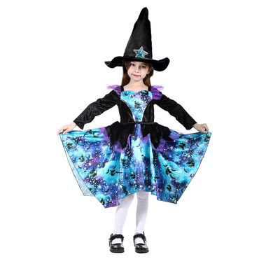 Sincere Party Halloween Witch Costume for Girls, Deluxe Blue Witch Dress with Hat, Irregular Skirt, Ages 5–6