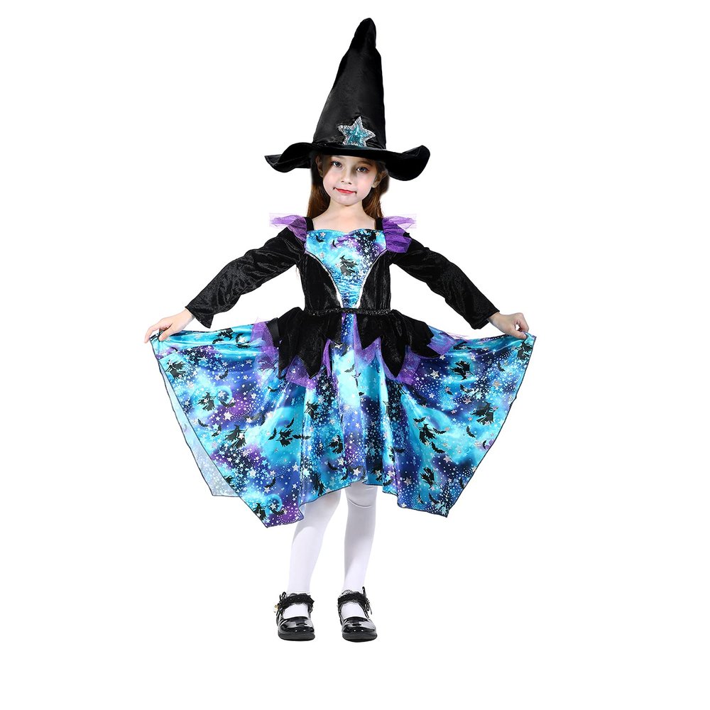Sincere Party Halloween Witch Costume for Girls, Deluxe Blue Witch Dress with Hat, Irregular Skirt, Ages 5–6