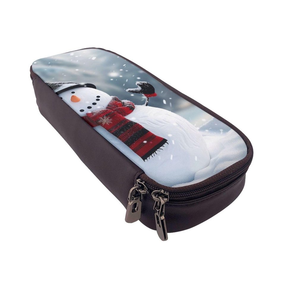 LRHCNZDCP Leather Pencil Case with Christmas Snowman Motif, Black, One Size