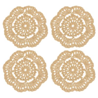 QUARKZMAN 4-Piece Round Crochet Lace Coasters, Light Khaki