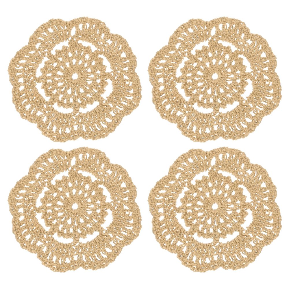 QUARKZMAN 4-Piece Round Crochet Lace Coasters, Light Khaki