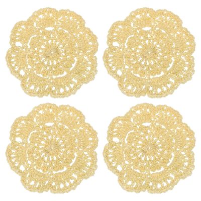 QUARKZMAN 4-Piece Crochet Lace Coaster Set, Round, Light Yellow