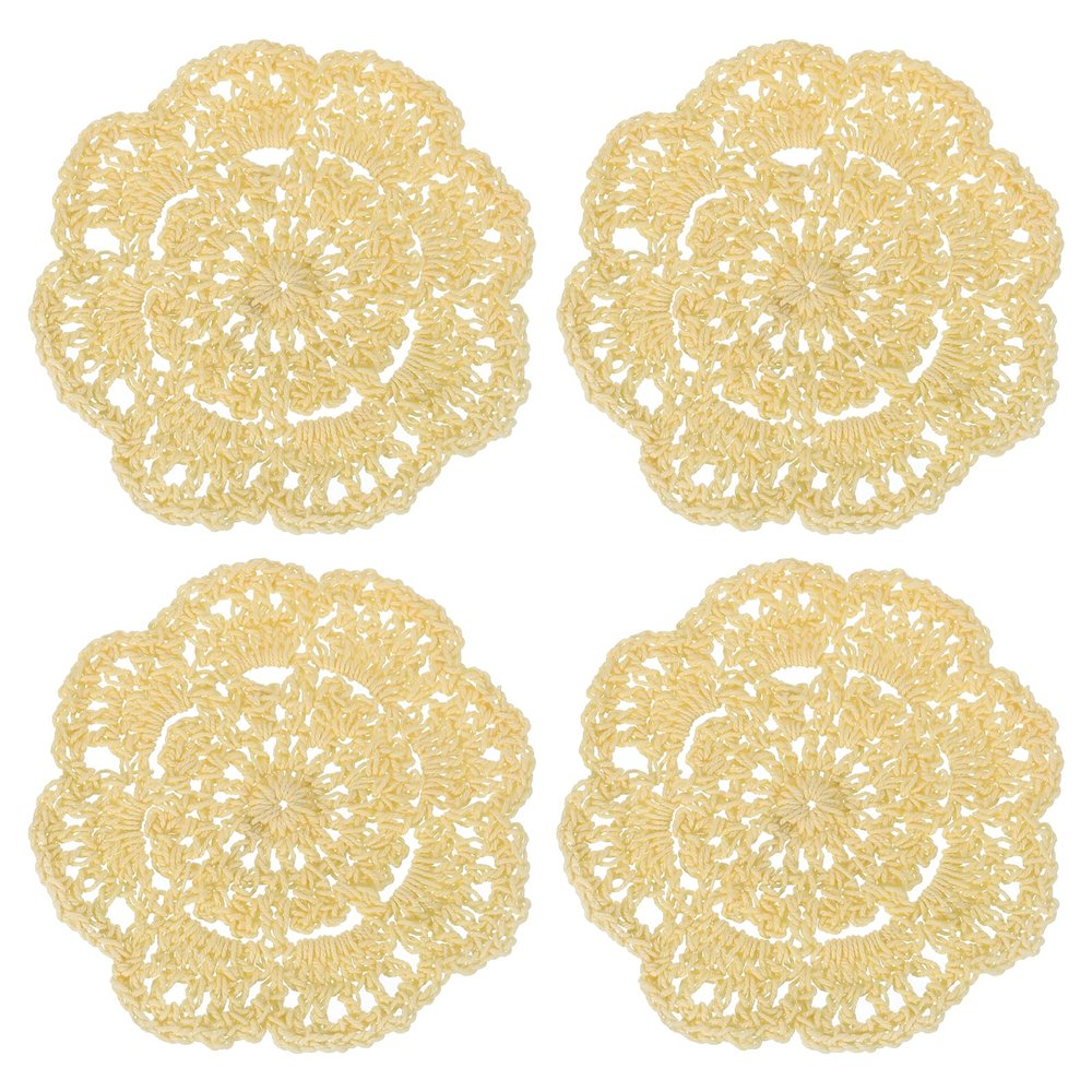 QUARKZMAN 4-Piece Crochet Lace Coaster Set, Round, Light Yellow