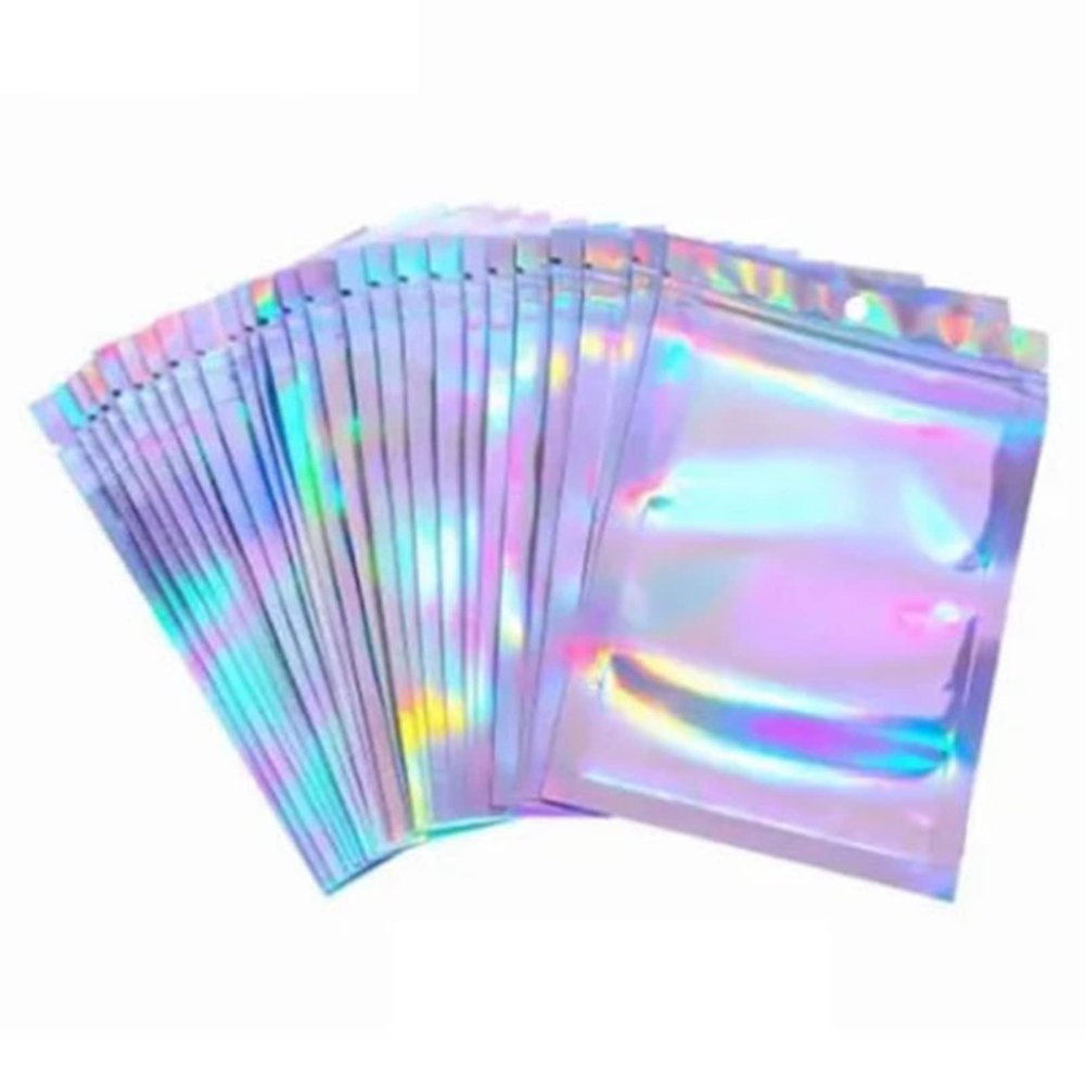 100 Holographic Self-Sealing Bags, 3.5 x 4.7 in, Iridescent Resealable Bags for Cookies, Tea, and Jewelry