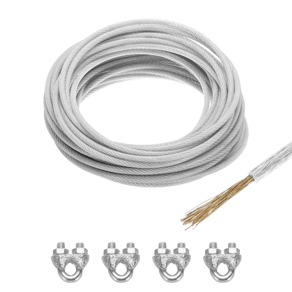 QUARKZMAN 15 m x 6 mm PVC-Coated Galvanized Steel Wire Rope with 4 M6 Clamps, Clear