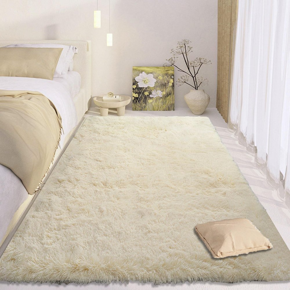 CUIMEI Fluffy Rug for Kids’ Room, 200 x 380 cm, Shaggy Soft, Non-Slip, Durable, Foldable, Cream