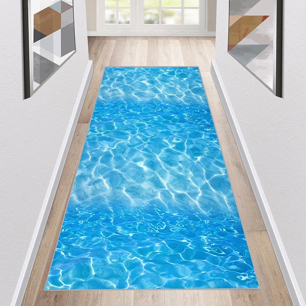 Siunwdiy Washable Non-Slip Runner Rug, Blue 3D Pattern, Customizable Length, 140 x 100 cm