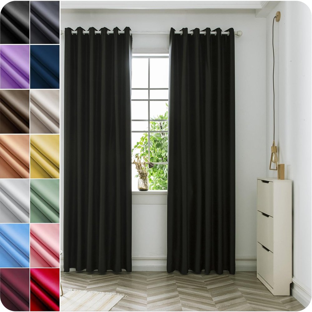 NINGBAI Blackout Curtains with Eyelets, 100 x 240 cm, Black, 2 Panels