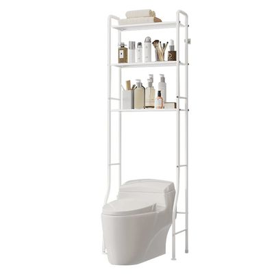 3-Tier Over-the-Toilet Storage Rack for the Bathroom, Space-Saving White Organizer with Hooks and Towel Bar