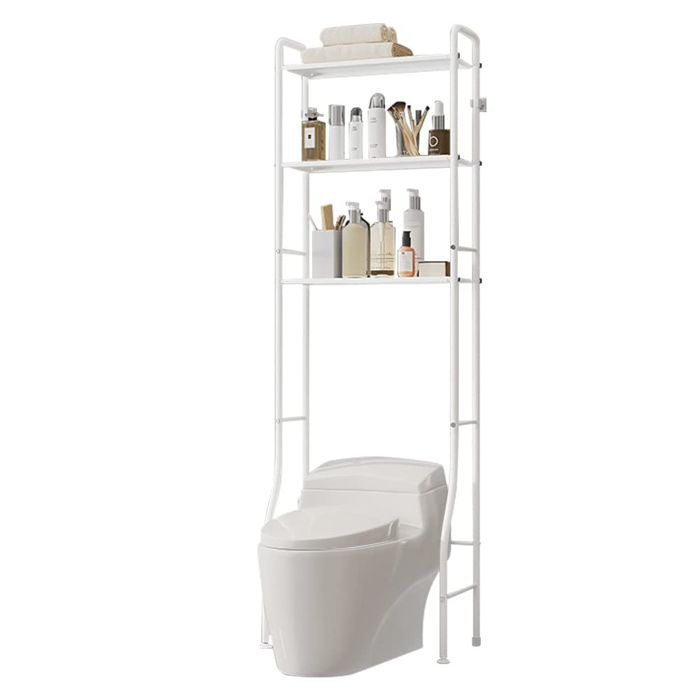 3-Tier Over-the-Toilet Storage Rack for the Bathroom, Space-Saving White Organizer with Hooks and Towel Bar