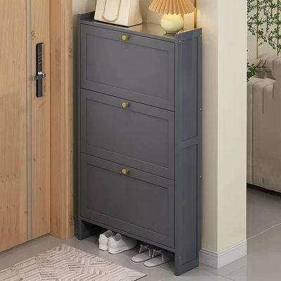 Modern Gray Shoe Cabinet, Freestanding, with Flip-Down Doors, 3 Tiers, Narrow, 70 cm