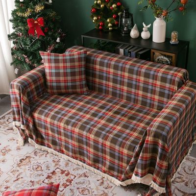 KIZAMI Sofa Throw, 180 x 340 cm, Red Checked, Rustic Polyester-Cotton